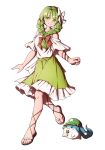  1girl :3 absurdres alternate_costume alternate_hairstyle bare_shoulders blush_stickers bow braid clothing_cutout eyebrows_visible_through_hair front_braid full_body green_eyes green_hair green_skirt hair_bow hat highres kagiyama_hina kawashiro_nitori key leg_ribbon looking_at_viewer mefomefo red_bow ribbon sandals shoulder_cutout simple_background skirt smile sukusuku_hakutaku touhou white_background white_bow 