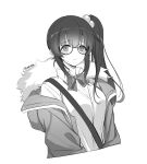  1girl absurdres bow bowtie collared_shirt counter_side cropped_torso fur_trim glasses greyscale hair_bobbles hair_ornament highres jacket kim_sobin long_hair looking_at_viewer maett monochrome off_shoulder open_clothes open_jacket semi-rimless_eyewear shirt side_ponytail solo strap sweatdrop 