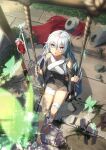  1girl bandaged_leg bandages bare_shoulders barefoot blood blood_bag blue_eyes bug butterfly feet girls&#039;_frontline gun highres long_hair looking_up ribeyrolles_(girls&#039;_frontline) ribeyrolles_1918 rifle rubble solo swing swinging toes very_long_hair vikpie weapon white_hair 