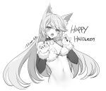  1girl absurdres animal_ears bangs bare_shoulders bell bra breasts choker claw_pose counter_side detached_sleeves fang fingernails frown fur_bra fur_trim greyscale halterneck happy_halloween highres hilde_(counter_side) jingle_bell kemonomimi_mode long_hair long_sleeves looking_at_viewer maett monochrome navel open_mouth sharp_fingernails small_breasts solo stomach string_bra sweatdrop swept_bangs underwear v-shaped_eyebrows very_long_hair wolf_ears 