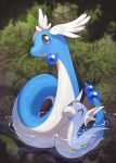  :d absurdres afloat closed_eyes commentary_request day dragonair dratini happy highres leaf no_humans nullma open_mouth outdoors partially_submerged pokemon pokemon_(creature) ripples smile tongue water 