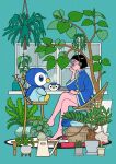 1girl bangs bare_legs barefoot basket black_hair blue_jacket chair commentary_request crossed_legs cup flower_pot from_side glasses hand_on_own_thigh hand_up hanging_plant headphones jacket komayama_akira mug original piplup plant pokemon potted_plant shiny shiny_hair short_hair signature sitting watering_can window 