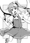  1girl ascot bobby_socks bow buttons collared_shirt daiyousei eyebrows_visible_through_hair fairy fairy_wings greyscale happy highres kaede_(mmkeyy) leg_up looking_at_viewer monochrome open_mouth puffy_short_sleeves puffy_sleeves shirt shoes short_hair short_sleeves side_ponytail skirt socks standing touhou vest wings 