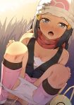  1girl bag beanie blue_hair breasts cleavage dawn_(pokemon) eyebrows_visible_through_hat hat highres looking_at_viewer open_mouth panties partially_visible_vulva pee peeing pokemon pokemon_(game) pokemon_dppt pussy red_scarf scarf seneto solo squatting underwear white_headwear white_panties 