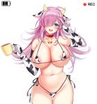  1girl :d absurdres ahoge animal_ears animal_print areola_slip areolae arm_up ass_visible_through_thighs bare_shoulders bell bikini blue_eyes breasts choker cleavage collarbone commentary counter_side cow_ears cow_horns cow_print cowbell cowboy_shot cup elbow_gloves embarrassed fake_animal_ears fake_horns gloves groin hair_over_one_eye halterneck hand_up highres holding horns large_breasts long_hair looking_at_viewer maett micro_bikini miya_(counter_side) mug navel pink_hair red_choker side-tie_bikini skindentation smile solo stomach string_bikini swimsuit thigh_gap thighs v very_long_hair white_gloves 