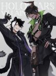  2boys abs absurdres animal_ear_fluff animal_ears aragami_oga arm_up bangs belt belt_pouch black_coat black_gloves black_hair black_pants buttons choker coat copyright_name dark-skinned_male dark_skin double-breasted eyebrows_behind_hair eyepatch fingernails formal fur-trimmed_coat fur_trim gloves green_eyes grey_background grin hair_over_one_eye half_gloves hand_on_hip highres holostars horns jacket kageyama_shien looking_at_viewer looking_down male_focus moneko multicolored_hair multiple_boys necktie one_eye_covered pants parted_lips partially_fingerless_gloves pectorals pouch sharp_teeth signature single_horn smile suit tail teeth two-sided_fabric two-sided_jacket two-tone_hair vest virtual_youtuber white_hair white_necktie yellow_eyes 