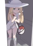  1girl bag bangs blonde_hair blunt_bangs braid closed_mouth clothes_lift collared_dress commentary_request dress dress_lift duffel_bag green_eyes hat kneehighs lillie_(pokemon) long_hair navel poke_ball_theme pokemon pokemon_(game) pokemon_sm pussy_juice pussy_juice_drip_through_clothes samidareura sleeveless sleeveless_dress solo split_mouth standing sun_hat sundress trembling twin_braids white_dress white_headwear white_legwear 