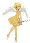  1girl :d angel_cookie angel_wings benzbt blonde_hair blue_eyes commentary cookie_run dress english_commentary eyebrows_visible_through_hair feathered_wings full_body happy highres holding holding_wand open_mouth short_hair simple_background smile solo teeth upper_teeth wand white_background white_wings wings yellow_dress 