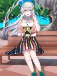  1girl anastasia_(fate) bangs bare_legs bench blouse breasts doll eyebrows_behind_hair eyebrows_visible_through_hair eyes_visible_through_hair fate/grand_order fate_(series) hair_over_one_eye hair_ribbon hairband highres holding holding_doll long_hair looking_at_viewer open_mouth outdoors park ribbon scarf shirt sii_artatm silver_hair sitting skirt smile solo spring_(object) tree white_hair 