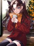  1girl bangs black_hair black_legwear black_ribbon blue_eyes blurry blurry_background breath brown_hair buttons cup disposable_cup fate/stay_night fate_(series) hair_ribbon highres holding holding_cup jacket looking_at_viewer orange_scarf outdoors pleated_skirt red_jacket ribbon scarf shimatori_(sanyyyy) sitting skirt solo thighhighs tohsaka_rin tongue tongue_out zettai_ryouiki 