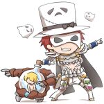  2boys armor black_bow blonde_hair bow character_print chibi closed_mouth commentary_request dieter_(ragnarok_online) faceless faceless_male flask full_body genetic_(ragnarok_online) ghost gloves grin hat hat_bow living_clothes looking_to_the_side male_focus mask masked masquerade_mask midriff multiple_boys natsuya_(kuttuki) pants pauldrons pointing_to_the_side ragnarok_online red_hair round-bottom_flask shoes short_hair shoulder_armor simple_background smile standing teeth top_hat whisper_(ragnarok_online) white_background white_footwear white_gloves white_headwear white_pants 