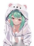  1girl agnamore all_fours alternate_breast_size animal_ears animal_hood bangs bear_ears bear_hood blush breasts butterfly_hair_ornament closed_mouth commentary_request eyebrows_visible_through_hair fake_animal_ears fang fang_out green_hair green_nails hair_ornament highres hololive hood hood_up hooded_jacket jacket long_hair long_sleeves medium_breasts multicolored_hair nail_polish naked_jacket purple_hair red_eyes sleeves_past_wrists smile solo streaked_hair thick_eyebrows uruha_rushia virtual_youtuber white_background white_jacket 