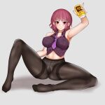  1girl alcohol armpits beer breasts can collarbone covered_nipples earrings grey_shirt highres horikawa_raiko jewelry large_breasts necktie panties panties_under_pantyhose pantyhose plaid plaid_shirt puck100ml purple_necktie red_eyes red_hair shirt short_hair simple_background sleeveless smile solo thick_thighs thighs touhou underwear white_background 
