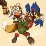  2boys animal_ears black_border black_eyes border commentary_request falco_lombardi fox_ears fox_mccloud furry furry_male gloves gun holding holding_gun holding_weapon holster itaru_souga lowres multiple_boys photoshop_(medium) star_fox super_smash_bros. tail weapon 