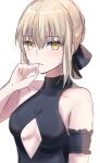  1girl arm_up artoria_pendragon_(alter_swimsuit_rider)_(fate) artoria_pendragon_(fate) bare_arms bare_shoulders black_ribbon blonde_hair braid breasts cleavage fate/grand_order fate_(series) hair_ribbon highres looking_at_viewer open_mouth ribbon saber_alter sii_artatm simple_background solo upper_body white_background yellow_eyes 