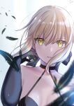  1girl arm_up artoria_pendragon_(fate) bangs black_feathers black_gloves blonde_hair breasts elbow_gloves eyebrows_behind_hair eyebrows_visible_through_hair fate/grand_order fate/stay_night fate_(series) feathers gloves hair_between_eyes hair_ribbon highres looking_at_viewer open_mouth ribbon saber_alter short_hair sii_artatm solo upper_body wind yellow_eyes 