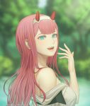  1girl breasts darling_in_the_franxx english_commentary gofelem green_eyes hairband horns long_hair looking_at_viewer off_shoulder oni_horns open_mouth pink_hair red_horns smile solo tree white_hairband zero_two_(darling_in_the_franxx) 