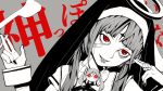  1girl aimaina bags_under_eyes bandages bandaid bandaid_on_face bangs cigarette facial_mark forehead_mark god-ish_(vocaloid) habit halo hand_to_head head_tilt highres holding jewelry looking_up monochrome nail_polish nun official_art parted_bangs piercing pinocchio-p red_eyes ring solo spot_color tongue_piercing vocaloid wrist_cuffs 