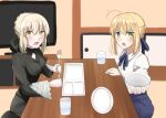  2girls absurdres ahoge artoria_pendragon_(fate) blonde_hair blush bowl braid fate/grand_order fate/stay_night fate_(series) fork glasses green_eyes hair_ribbon highres holding holding_bowl holding_fork holding_knife indoors knife looking_at_viewer multiple_girls open_mouth ribbon saber saber_alter saliva seiza shirt sii_artatm sitting skirt table yellow_eyes 