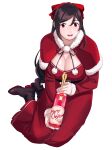  1girl absurdres alcohol black_hair blush bow breasts champagne christmas cleavage eyebrows_visible_through_hair hair_ornament hair_ribbon hairclip highres holding kantai_collection large_breasts long_hair looking_at_viewer mamiya_(kancolle) ojipon open_mouth red_eyes ribbon santa_costume shoes simple_background sitting solo white_background yokozuwari 