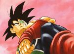  1boy bardock black_eyes black_hair closed_mouth cross_scar dragon_ball dragon_ball_z english_commentary from_below male_focus mixed-language_commentary nagare_seiya red_sky saiyan_armor scar scar_on_cheek scar_on_face scouter sky smile solo spiked_hair traditional_media 