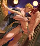  2boys against_wall ass bara blonde_hair brown_hair bulge carrying carrying_person chiizu_namasu closed_eyes clothing_aside couple fundoshi fundoshi_aside gran_(granblue_fantasy) granblue_fantasy hand_on_another&#039;s_ass highres imminent_anal imminent_penetration japanese_clothes kimono large_pectorals male_focus multiple_boys muscular muscular_male night night_sky nipples off_shoulder open_mouth outdoors pectorals revealing_clothes reward_available sash short_hair sky smile thick_thighs thighs vane_(granblue_fantasy) yaoi 