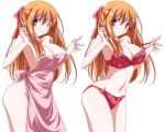  2girls adjusting_bra adjusting_clothes apron bangs bow bow_panties bra breasts brown_eyes cleavage closed_mouth commentary dual_persona eyebrows_visible_through_hair hair_bow half_updo hanamaru_youchien kikuchi_tsutomu large_breasts looking_at_viewer multiple_girls naked_apron navel one_eye_closed orange_hair panties pink_apron red_bow red_bra red_panties simple_background smile standing underwear underwear_only white_background yamamoto_nanako 