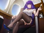  1girl airplane_interior bangs black_bra black_footwear black_legwear blunt_bangs bra bra_peek breasts chair choker closed_mouth collarbone commentary crossed_legs dango dot_nose eyebrows_visible_through_hair food garter_straps genshin_impact hand_up high_heels highres large_breasts long_hair looking_at_viewer miniskirt nail_polish pulled_by_self purple_eyes purple_hair purple_nails raiden_shogun sanshoku_dango shirt shoe_dangle sitting skirt sleeveless sleeveless_shirt solo steaming_body terebi_(shimizu1996) thighhighs thighs toe_cleavage underwear wagashi white_shirt window 