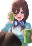  1girl bangs blue_eyes blue_sweater breasts brown_hair can go-toubun_no_hanayome green_tea hair_between_eyes headphones headphones_around_neck highres hiyoku large_breasts long_hair looking_at_viewer nakano_miku one_eye_closed open_mouth pantyhose smile solo sweater tea 