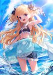  1girl absurdres beach blonde_hair blue_eyes blue_sky cloud day emilico_(shadows_house) highres lifebuoy lo-ta ocean outdoors shadows_house shore sky solo swimsuit twintails two_side_up water 
