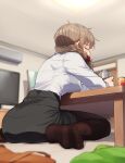  1girl air_conditioner alcohol beer black_legwear blurry braid braided_ponytail brown_hair closed_eyes commentary_request depth_of_field drunk hair_ornament hair_over_shoulder hair_scrunchie high-waist_skirt idolmaster idolmaster_cinderella_girls indoors kamille_(vcx68) messy_hair office_lady on_floor pantyhose pantylines pencil_skirt resting scrunchie senkawa_chihiro shirt side_ponytail sitting skirt solo table television wariza white_shirt 