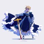  1girl ahoge aiguillette armor armored_boots artoria_pendragon_(fate) blonde_hair blood blood_on_face blood_on_weapon blue_cape boots breastplate cape character_name closed_mouth commentary_request dated excalibur_(fate/stay_night) fate/grand_order fate/stay_night fate_(series) full_body fur-trimmed_cape fur_trim gauntlets grey_background highres looking_at_viewer marina_(mrn9) saber sidelocks simple_background solo standing sword tied_hair weapon 