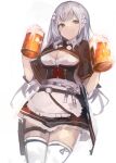  1girl absurdres alcohol apron bangs beer beer_mug blunt_bangs breasts brown_capelet brown_skirt capelet cleavage corset cowboy_shot cup detached_collar flower green_eyes hair_flower hair_ornament highres holding hololive kaamin_(mariarose753) leg_strap long_hair looking_at_viewer medium_breasts mug shirogane_noel skirt smile solo thighhighs virtual_youtuber white_background white_hair wing_collar 