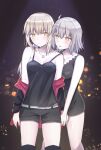 2girls absurdres ahoge artoria_pendragon_(fate) bangs bare_arms bare_legs bare_shoulders belt blonde_hair boots breasts cleavage_cutout clothing_cutout coat eyebrows_behind_hair eyebrows_visible_through_hair fate/grand_order fate_(series) grey_hair highres holding_hands jeanne_d&#039;arc_(alter)_(fate) jeanne_d&#039;arc_(fate) jet_black_king_of_knights_ver._shinjuku_1999 long_hair multiple_girls neck night saber_alter short_hair shorts sii_artatm silver_hair skirt tongue tongue_out wicked_dragon_witch_ver._shinjuku_1999 yellow_eyes 