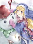  1girl :o blonde_hair blue_eyes blue_headwear blush bucket cross cross_necklace green_scarf habit highres jewelry leaf long_hair long_sleeves mittens necklace outdoors pink_mittens plaid plaid_scarf purple_scarf red_headwear rumaria_(sennen_sensou_aigis) scarf sennen_sensou_aigis shovel snow snowing snowman trowel visible_air winter yukino_siduku 