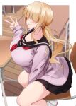  1girl 96nokimihito absurdres blonde_hair blush breasts classroom desk hair_over_eyes highres huge_breasts large_breasts nail_polish original sailor_collar school_uniform sitting skirt solo thighs tongue tongue_out twintails 