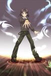  1boy black_eyes black_hair bob_cut command_spell commentary_request fate/zero fate_(series) highres magic_circle male_focus mgk968 pants reaching shoes smile solo standing strap sweater waver_velvet wooden_floor 