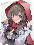  1girl braid brown_eyes brown_hair commentary_request cosplay frilled_blouse highres kantai_collection little_red_riding_hood little_red_riding_hood_(grimm) little_red_riding_hood_(grimm)_(cosplay) long_hair long_sleeves looking_at_viewer one-hour_drawing_challenge partial_commentary picoli1313 red_hood shinshuu_maru_(kancolle) solo trait_connection twin_braids twitter_username 