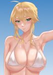  1girl absurdres armpits artoria_pendragon_(fate) artoria_pendragon_(lancer)_(fate) bangs bare_shoulders bikini blonde_hair blush breasts cleavage closed_mouth collarbone commentary_request eyebrows_visible_through_hair fate/grand_order fate_(series) freed_turing green_eyes hair_between_eyes highres large_breasts lips long_hair looking_at_viewer simple_background solo swimsuit upper_body white_bikini 