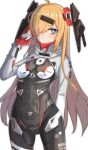  1girl absurdres arm_behind_back arm_up bangs blonde_hair blue_eyes bodysuit closed_mouth eyebrows_visible_through_hair feet_out_of_frame girls&#039;_frontline gloves hair_between_eyes hair_ornament hair_over_one_eye highres long_hair looking_at_viewer mg36_(blue_dragon_stands_above_sector_09)_(girls&#039;_frontline) mg36_(girls&#039;_frontline) mole mole_under_eye multicolored_bodysuit multicolored_clothes multicolored_gloves omurainu one_eye_covered solo standing white_background 