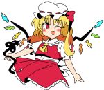  1girl ;d ascot bangs blonde_hair commentary cropped_legs crystal eyebrows_visible_through_hair fang flandre_scarlet hat hat_ribbon holding ini_(inunabe00) laevatein_(touhou) looking_at_viewer medium_hair mob_cap one_eye_closed one_side_up open_mouth red_eyes red_ribbon red_skirt red_vest ribbon shirt short_sleeves simple_background skin_fang skirt smile solo touhou vest white_background white_headwear white_shirt wings yellow_ascot 