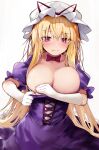  1girl blonde_hair blush breasts closed_mouth commentary_request dress efe elbow_gloves eyebrows_visible_through_hair frilled_dress frills gloves hair_between_eyes hat hat_ribbon highres large_breasts long_hair mob_cap purple_dress purple_eyes red_ribbon revision ribbon solo touhou upper_body white_gloves white_headwear yakumo_yukari 