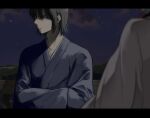  2boys black_hair boeing_(kzkboe) crossed_arms gintama japanese_clothes katsura_kotarou looking_to_the_side male_focus multiple_boys night open_mouth out_of_frame outdoors sakata_gintoki short_hair solo_focus white_hair 