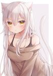  1girl :t animal_ear_fluff animal_ears bangs bare_shoulders blush breasts brown_eyes brown_sweater cat_ears cat_girl cat_tail closed_mouth collarbone commentary_request eyebrows_visible_through_hair grey_background hair_between_eyes highres long_hair looking_at_viewer medium_breasts off-shoulder_sweater off_shoulder original pout ringouulu solo sweater tail tail_raised twitter_username two-tone_background very_long_hair watermark white_background white_hair 
