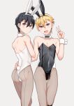 2boys :d absurdres ae_(aeiu4114) animal_ears ass back bangs bare_arms bare_shoulders black_hair black_legwear black_leotard blonde_hair blush bulge collarbone covering covering_chest detached_collar earrings fake_animal_ears fake_tail fang fishnet_legwear fishnets frown groin hair_between_eyes hand_on_another&#039;s_hip hand_up highleg highleg_leotard highres jewelry leotard looking_at_viewer looking_back male_focus male_playboy_bunny multiple_boys open_mouth original otoko_no_ko pantyhose purple_eyes rabbit_ears rabbit_tail short_hair shoulder_blades simple_background smile standing strapless strapless_leotard stud_earrings sweatdrop tail thigh_gap thong_leotard v white_leotard wrist_cuffs 