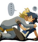  ... 2boys ? ahoge ash_ketchum black_hair blonde_hair blue_jumpsuit blue_track_suit brown_eyes clemont_(pokemon) confused denim fingerless_gloves from_side gloves hand_on_another&#039;s_back jacket jeans jumpsuit multiple_boys pants pokemon pokemon_(anime) pokemon_xy_(anime) raia26 simple_background spiked_hair sweat track_jacket white_background yaoi 