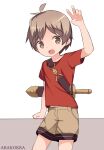  1boy arakokra brown_eyes brown_hair brown_shorts english_commentary eyebrows_visible_through_hair fantasy highres hilt male_focus midriff_peek open_mouth original red_shirt shirt shorts sword v weapon 