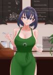  absurdres apron barista blue_eyes blue_hair bow breasts cleavage cup disposable_cup eyebrows_visible_through_hair gibb_san green_apron hair_intakes hakos_baelz highres holding hololive hololive_english iced_latte_with_breast_milk_(meme) looking_at_viewer meme mr._squeaks_(hakos_baelz) naked_apron ouro_kronii short_hair virtual_youtuber 