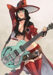  1girl absurdres bangs belt black_choker black_hair blunt_bangs breasts cape choker cleavage cowboy_shot crop_top cropped_jacket electric_guitar fingerless_gloves glasses gloves green_eyes guilty_gear guitar hara_kenshi hat highres holding holding_instrument i-no instrument lips looking_at_viewer medium_breasts miniskirt mole mole_under_eye parted_lips red_legwear red_skirt short_hair skirt solo strap thighhighs witch_hat 