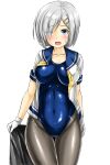  1girl alternate_costume black_legwear blue_eyes blue_swimsuit breasts clothes_pull collarbone covered_navel cowboy_shot grey_skirt hair_ornament hair_over_one_eye hairclip hamakaze_(kancolle) kantai_collection kudou_(ooabareteng) large_breasts looking_at_viewer one-piece_swimsuit open_clothes open_mouth open_shirt pantyhose school_uniform serafuku short_hair silver_hair simple_background skirt skirt_pull solo sweatdrop swimsuit swimsuit_under_clothes undone_necktie white_background yellow_neckwear 